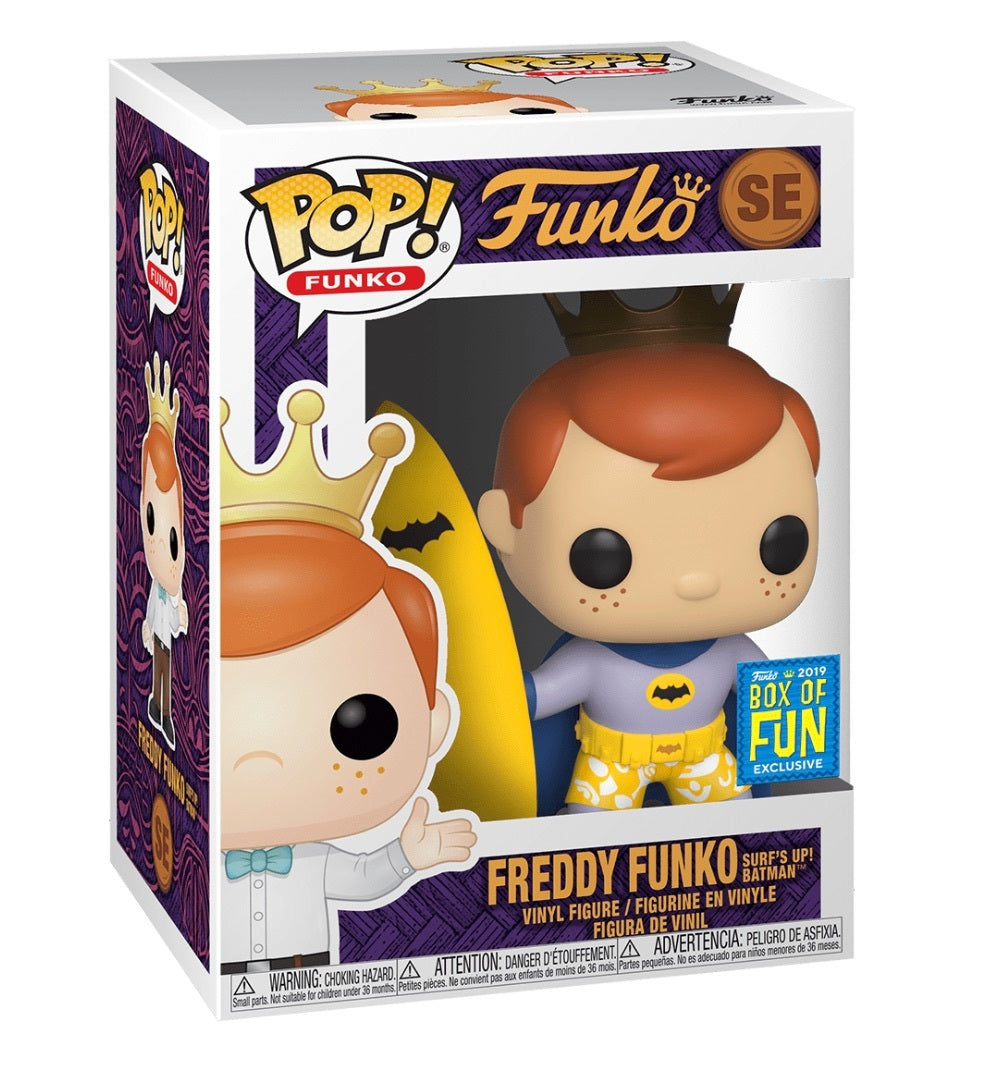 Freddy Funko Surf's Up Batman collectible figure by Ralphie's Funhouse, featuring Batman in a beach-themed pose with surfboard.