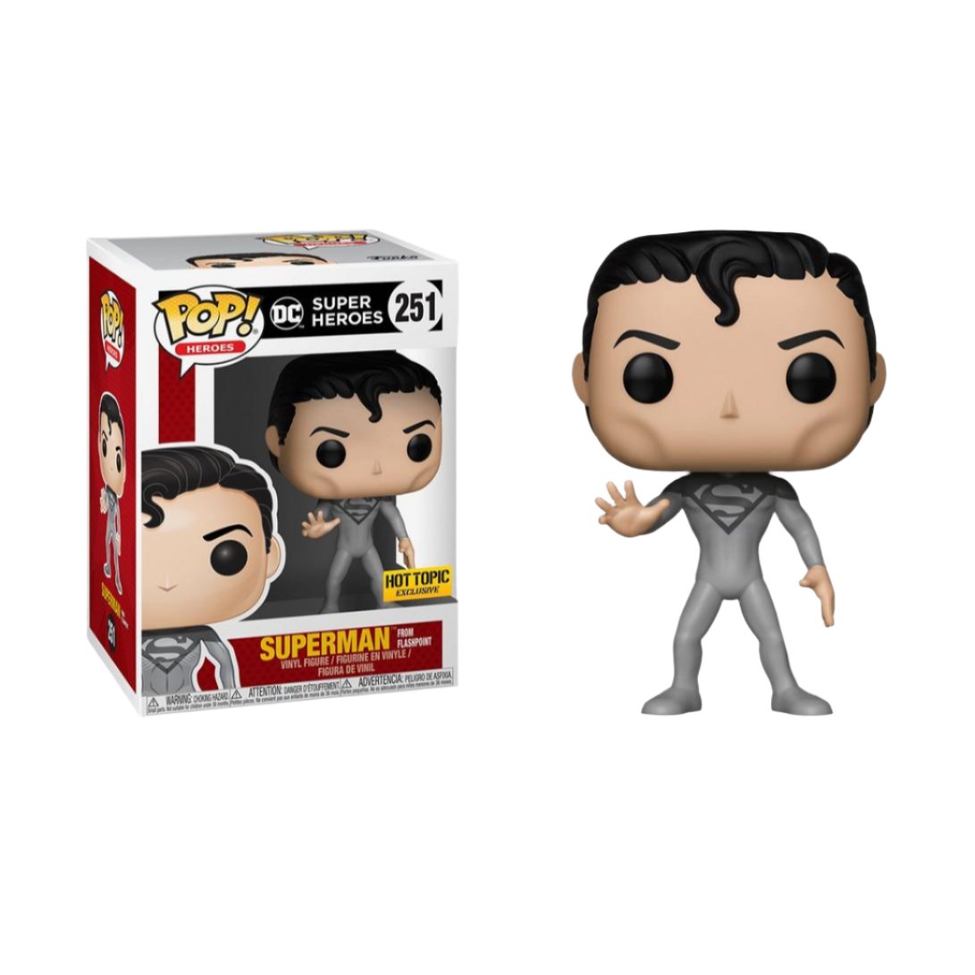 Funko DC Super Heroes Superman vinyl figure from Flashpoint, collectible Pop! Heroes by Ralphie's Funhouse, exclusive edition.