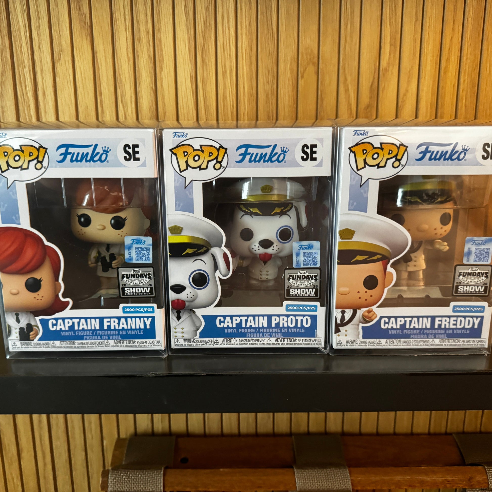 Set of three Funko Pop! Originals Captain Freddy, Captain Franny, and Captain Proto figures from Ralphie's Funhouse, LE2500.