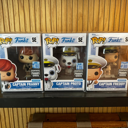 Set of three Funko Pop! Originals Captain Freddy, Captain Franny, and Captain Proto figures from Ralphie's Funhouse, LE2500.