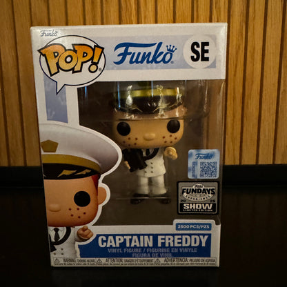 Funko Fundays 2025 Pop! Originals Captain Freddy figure by Ralphie's Funhouse, limited edition LE2500, detailed collectible toy.