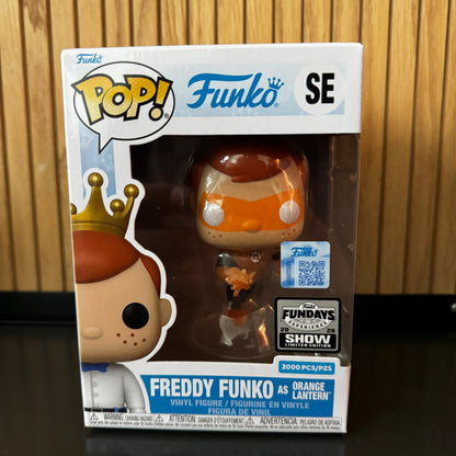 Translucent DC Freddy Funko Pop! vinyl figure as Orange Lantern from Funko Fundays 2025, limited edition LE2000.