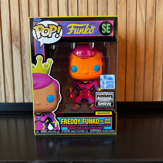 Funko Pop! Marvel Freddy Funko as Iron Man Blacklight figure from Funko Fundays 2025, limited edition LE500, by Ralphie's Funhouse.