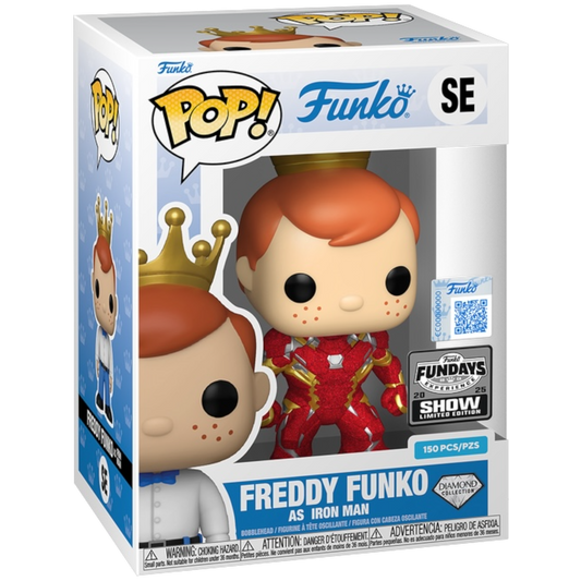 Funko Fundays 2025 Pop! Originals Marvel Freddy Funko as Iron Man diamond glitter figure, limited edition LE150, vibrant design