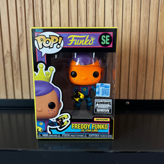 Funko Fundays 2025 Marvel Guardians of the Galaxy Freddy Funko as Star-Lord Pop! Originals blacklight figure with LE250 label.