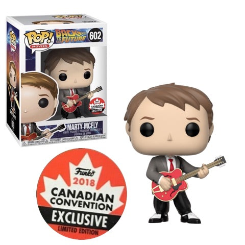 Funko POP! Marty McFly with guitar figure from Ralphie's Funhouse, Canadian Convention Exclusive, #602, collectible toy.