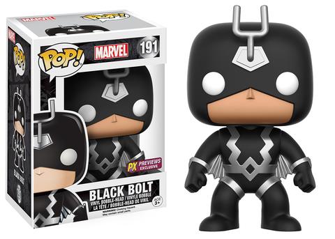 Funko Pop! Marvel Black Bolt vinyl figure in black costume, featuring detailed Marvel character design and collectible figure style.