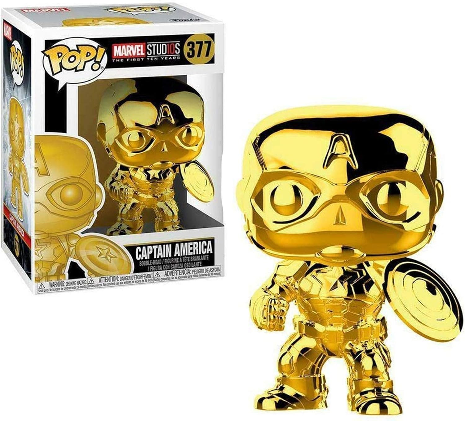 Funko Pop Marvel Captain America (Gold Chrome) figure from Marvel Studios 10 set, featuring shiny gold chrome finish and detailed costume.