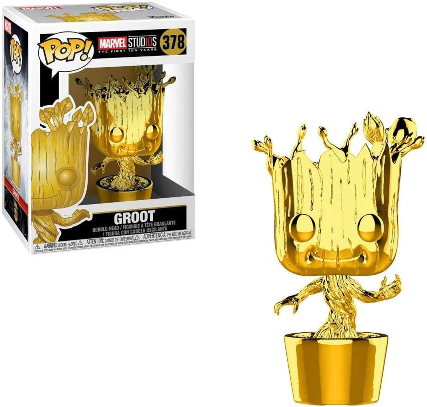 Gold chrome Funko Pop Marvel Groot figure from Marvel Studios 10 series, featuring a stylized Marvel character with detailed design.
