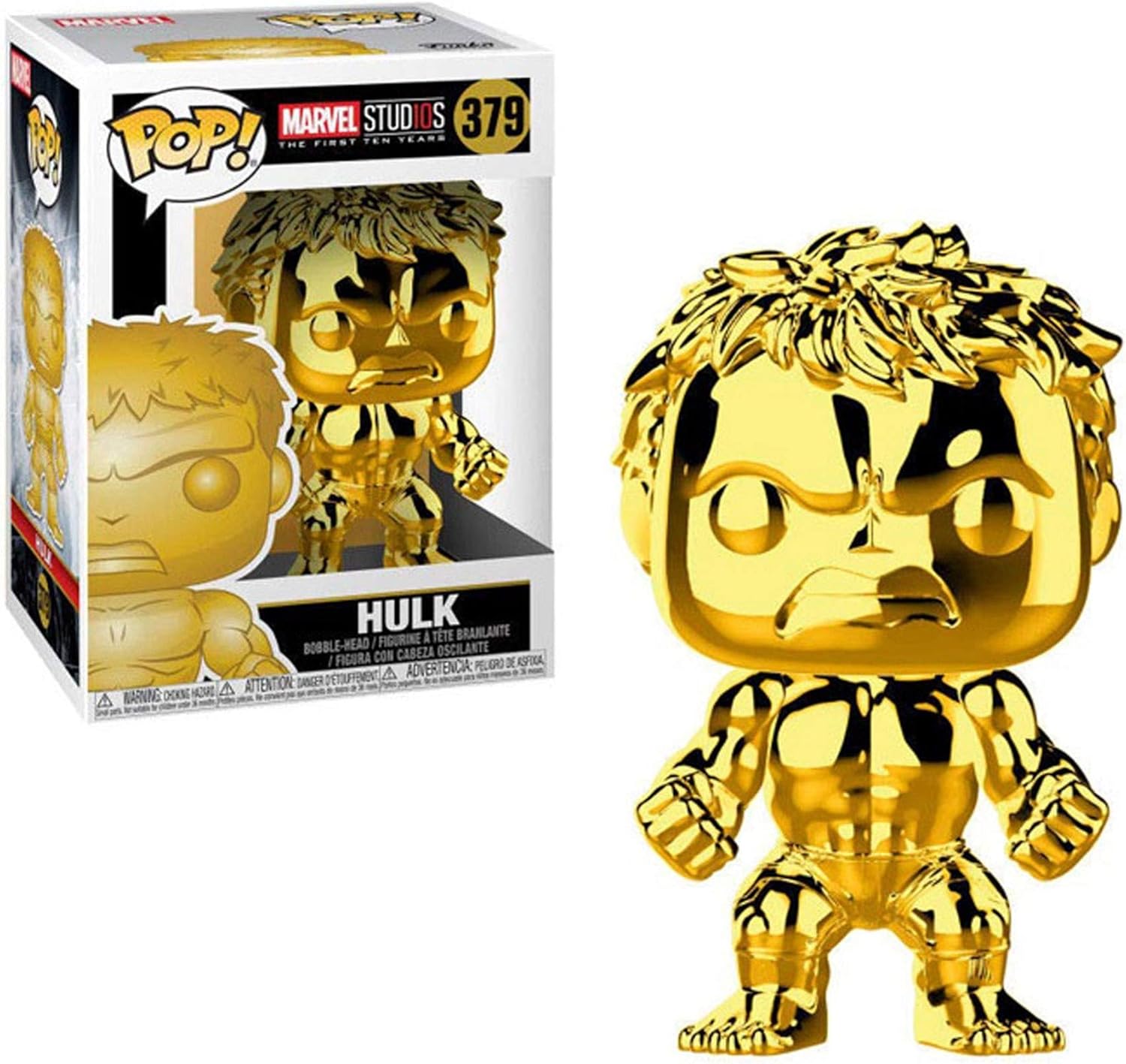 Gold chrome Hulk Funko Pop figure from Marvel Studios 10 series, collectible toy with detailed Marvel character design.