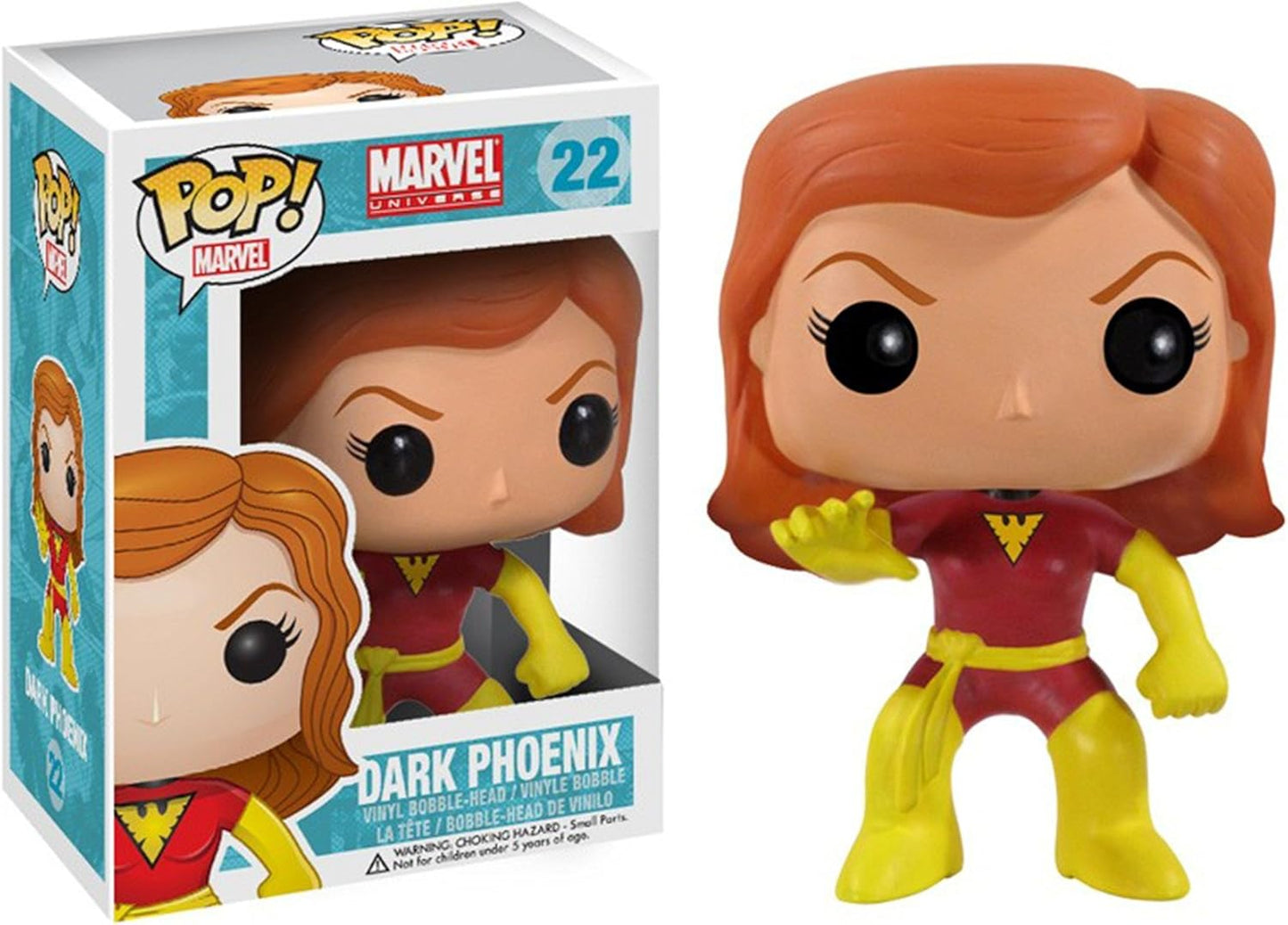 Funko Pop! Marvel Universe Dark Phoenix figure, number 22, with fiery red and purple costume and dynamic pose.