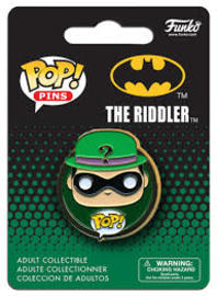 Funko Pop! Pins of The Riddler from DC Entertainment, featuring a collectible pin with vibrant colors and detailed design.