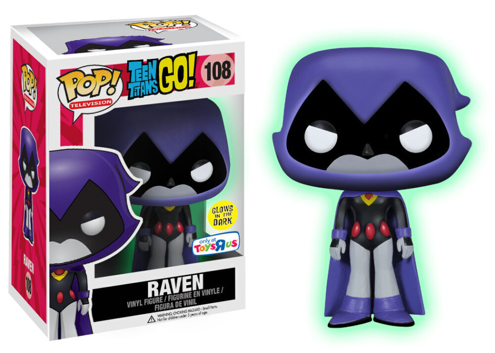 Funko Pop Television Teen Titans Purple Raven glow-in-the-dark figure, collectible toy with detailed design and vibrant colors.