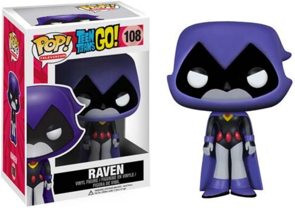 Funko POP TV Teen Titans Go! Raven figure, stylized vinyl toy with purple cloak and iconic character design.