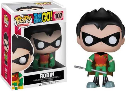 Funko POP TV Robin figure from Teen Titans Go! in colorful costume, stylized vinyl collectible by Ralphie's Funhouse