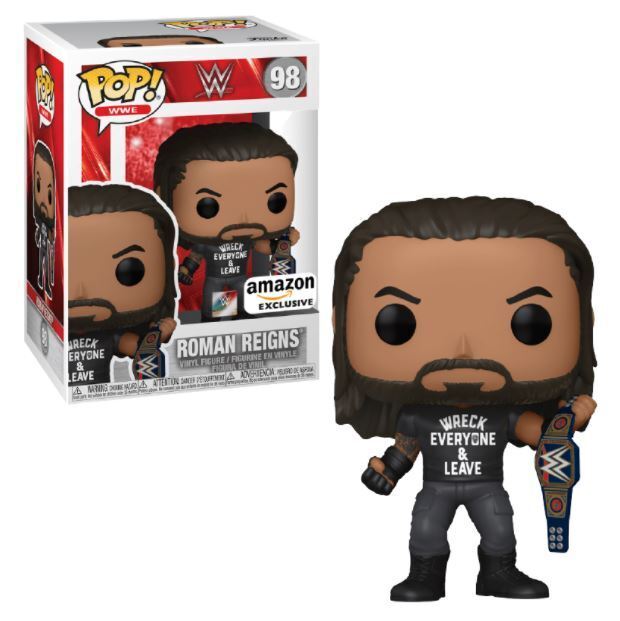Funko POP WWE Roman Reigns with Title figure, Ralphie's Funhouse exclusive, featuring Roman Reigns in wrestling attire holding a title belt.