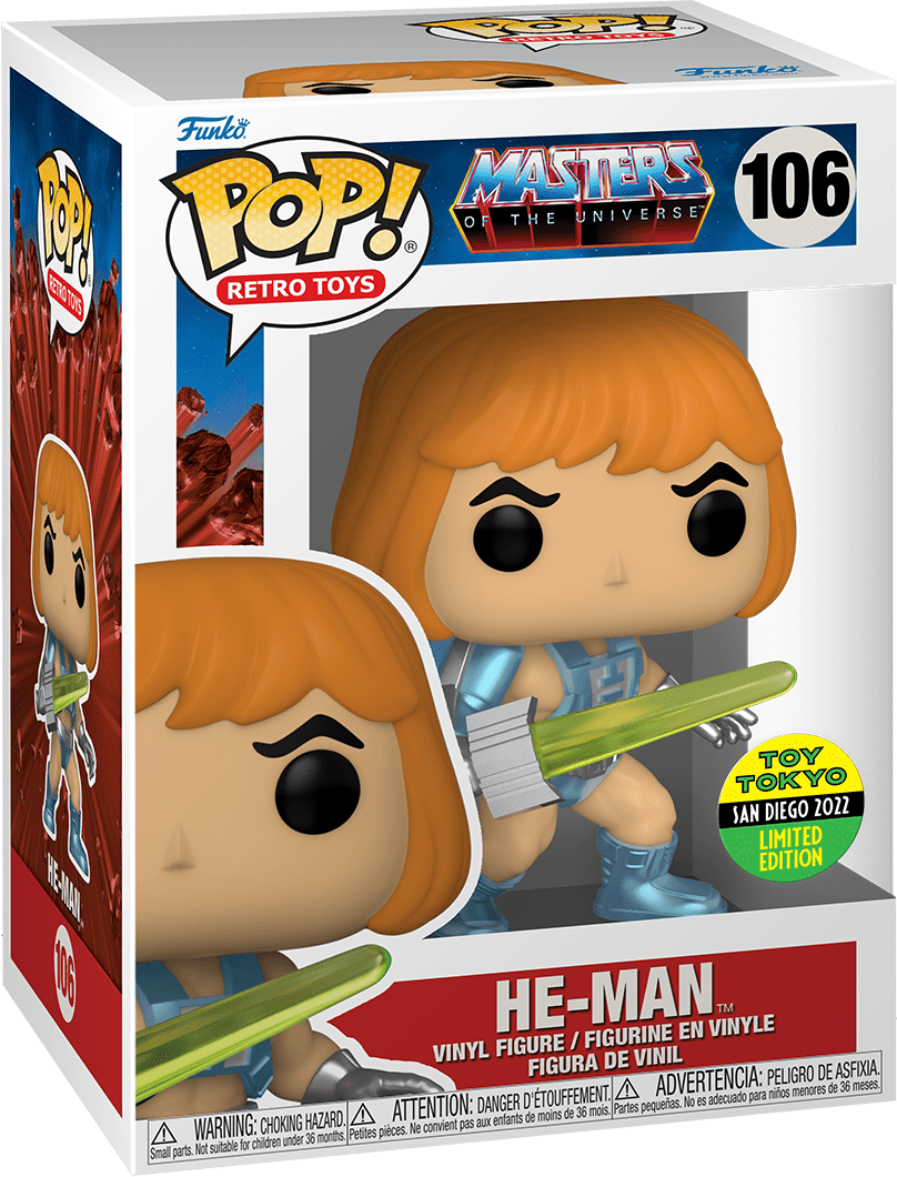He-Man action figure from Ralphie's Funhouse with muscular build, iconic armor, and sword in a dynamic pose.
