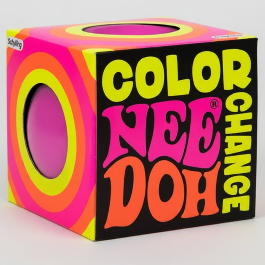 Schylling Nee-Doh color change squishy from pink to purple, soft stress-relief toy with brand Ralphie's Funhouse logo visible
