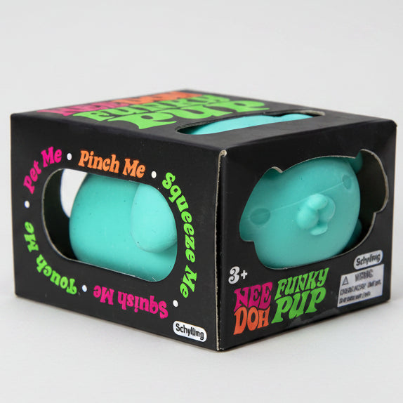 Blue Schylling Nee-Doh Funky Pup squishy toy from Ralphie's Funhouse, soft and squeezable for stress relief and sensory play.