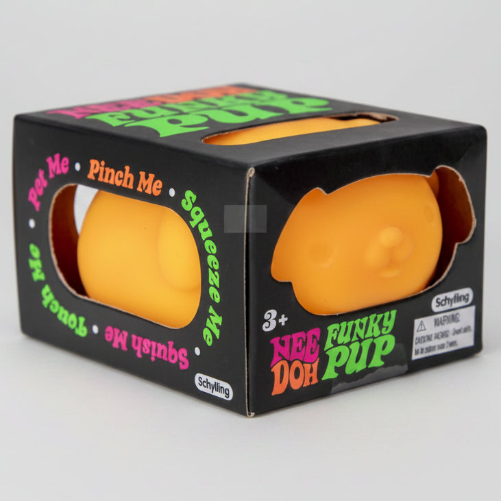 Orange Schylling Nee-Doh Funky Pup squishy toy with expressive pup face, soft and squeezable, from Ralphie's Funhouse.