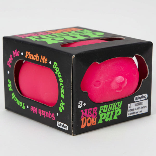Pink Schylling Nee-Doh Funky Pup squishy toy from Ralphie's Funhouse, soft and squeezable in a playful pink design.