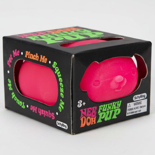 Pink Schylling Nee-Doh Funky Pup squishy toy in packaging, featuring a playful puppy design from Ralphie's Funhouse.