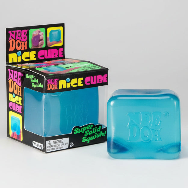 Blue Schylling Nee-Doh Nice Cube super solid squish toy from Ralphie's Funhouse, showcasing its soft, squeezable texture and vibrant color.