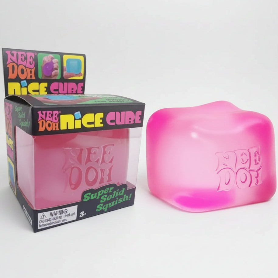 Pink Schylling Nee-Doh Nice Cube from Ralphie's Funhouse, a super solid squish toy in cube shape, in stock now.