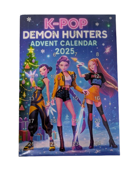 K-POP DEMON HUNTERS Advent Calendar 2025 by Ralphie's Funhouse, featuring numbered doors with themed images and characters.