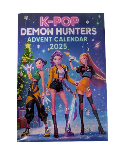 K-POP DEMON HUNTERS Advent Calendar 2025 by Ralphie's Funhouse, featuring numbered doors with themed images and characters.