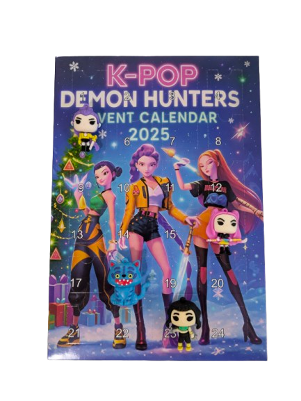 K-POP DEMON HUNTERS Advent Calendar 2025 by Ralphie's Funhouse featuring numbered doors and vibrant demon hunter-themed artwork.
