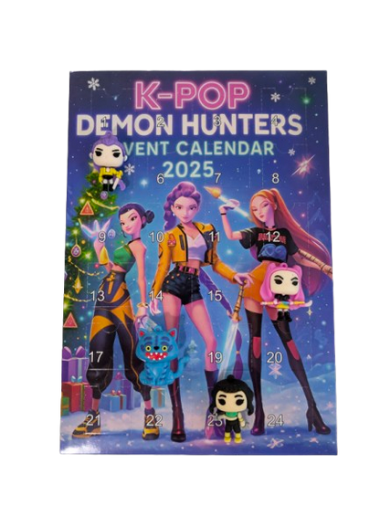 K-POP DEMON HUNTERS Advent Calendar 2025 by Ralphie's Funhouse featuring numbered doors and vibrant demon hunter-themed artwork.