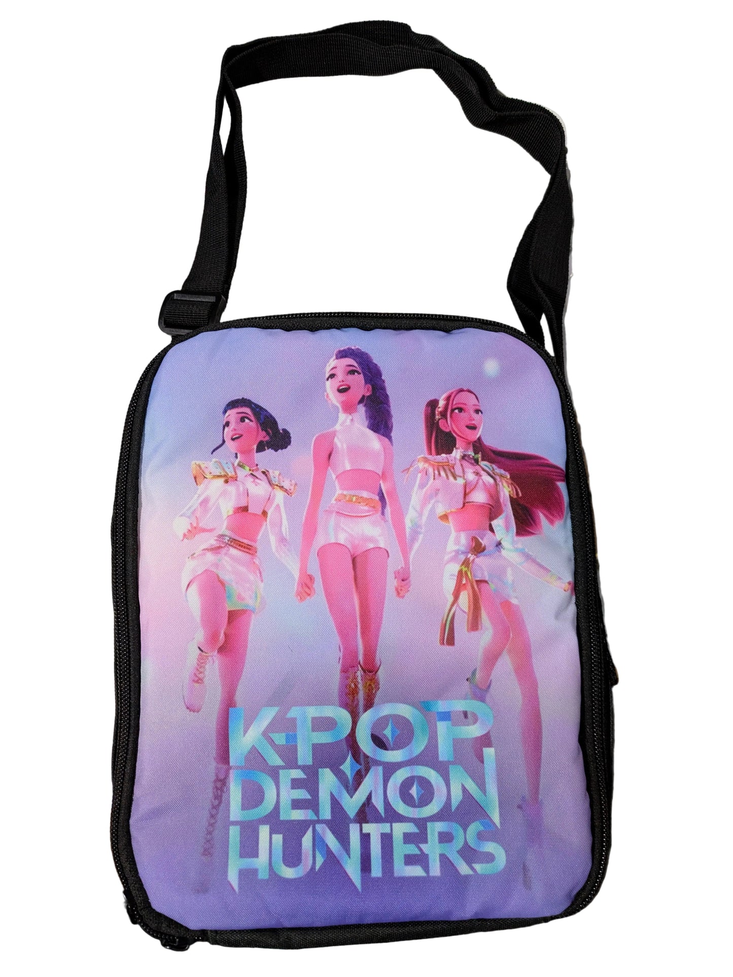 K-POP Demon Hunters shoulder lunch bag featuring vibrant Demon Hunters design, ideal for fans and concert outings.