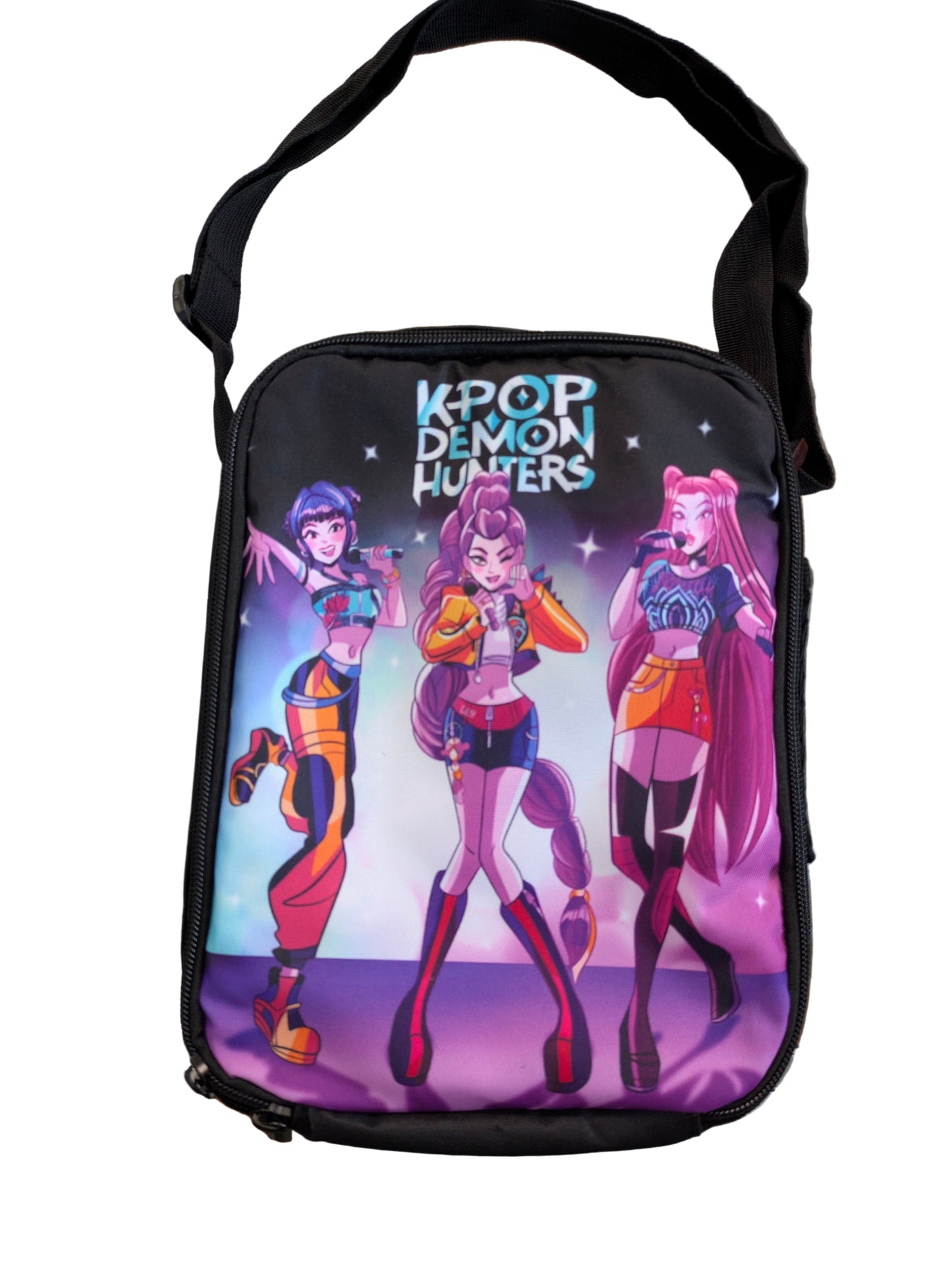 K-POP DEMON HUNTERS shoulder lunch bag by Ralphie's Funhouse featuring Demon Hunters idol design and compact carry style.