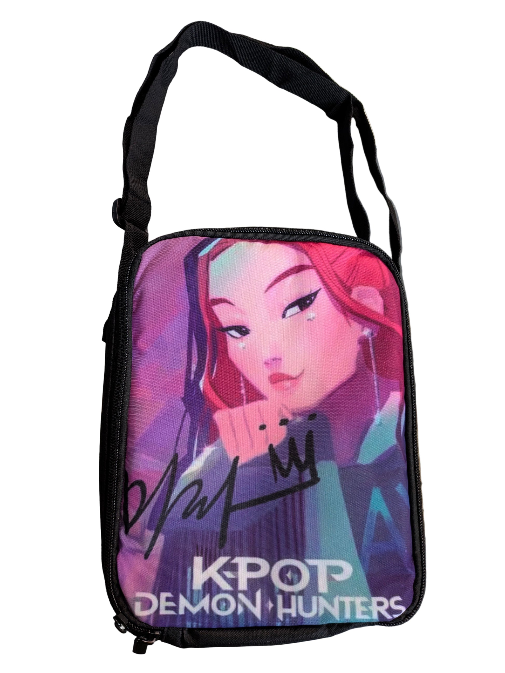 K-POP Demon Hunters Mira Edition shoulder lunch bag by Ralphie's Funhouse with colorful Demon Hunters design and adjustable shoulder strap.