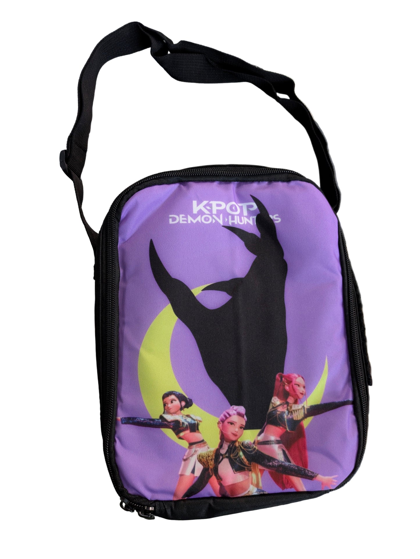 K-POP Demon Hunters Shadow Edition shoulder lunch bag by Ralphie's Funhouse, featuring dark themed design and compact shape.