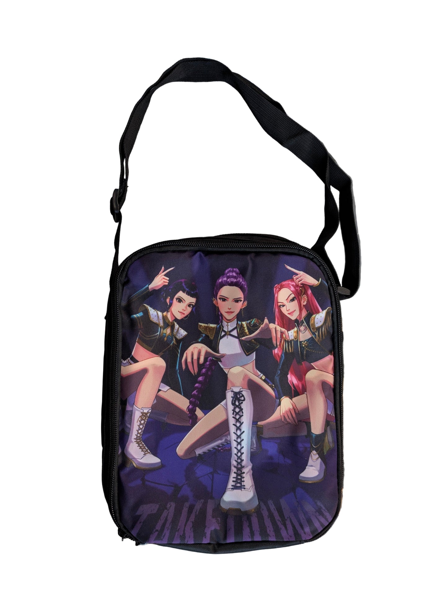 K-POP Demon Hunters shoulder lunch bag Strike Edition by Ralphie's Funhouse, featuring colorful Demon Hunters characters design.
