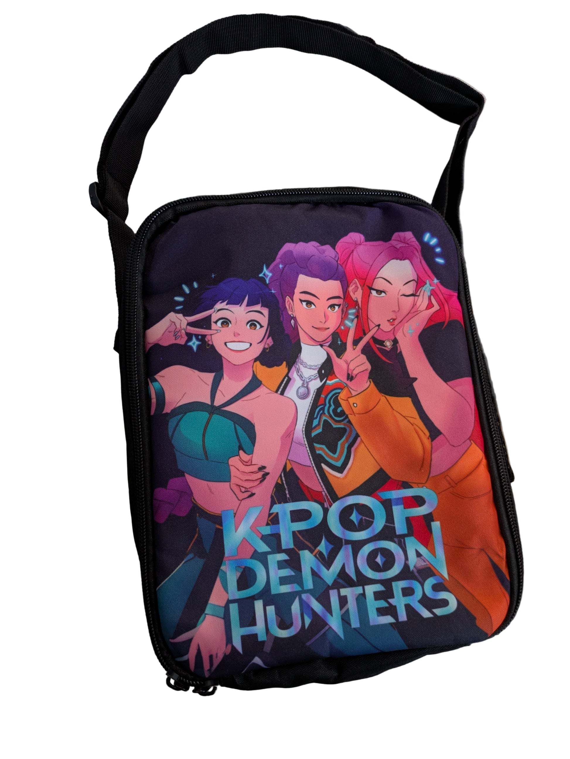 K-POP DEMON HUNTERS shoulder lunch bag by Ralphie's Funhouse, Trio Edition, featuring Demon Hunters design and adjustable strap.