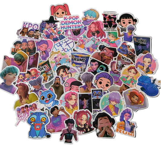K-POP DEMON HUNTERS sticker pack by Ralphie's Funhouse featuring 50 colorful character-themed stickers on a transparent background.