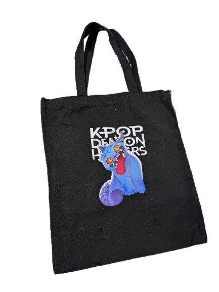 K-POP DEMON HUNTERS tote bag featuring a derpy tiger design, made by Ralphie's Funhouse for fans of the popular group.