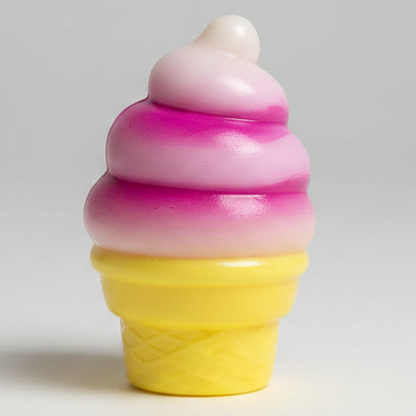 Magenta and white swirl ice cream cone squishy from Ralphie's Funhouse, soft gelatin-like stress relief toy with colorful swirl design.