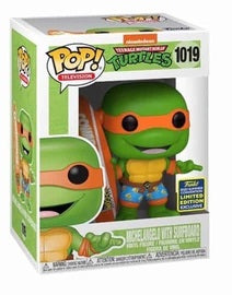 Michelangelo action figure with surfboard from Ralphie's Funhouse Summer Convention Exclusive, detailed collectible toy.