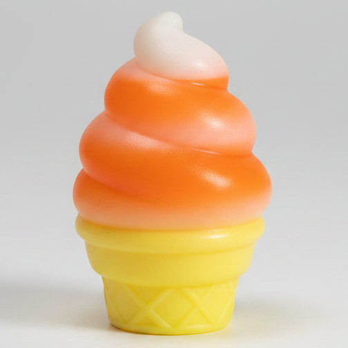 Orange and white swirl ice cream cone squishy toy by Ralphie's Funhouse, soft gelatin texture, realistic dessert appearance.