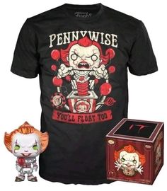 Metallic Pennywise figure with balloon and matching Pennywise T-shirt from Ralphie's Funhouse, displayed together.
