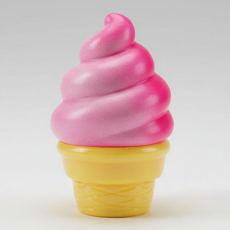 Pink creamy ice cream cone squishy from Ralphie's Funhouse, slow rising squish toy with realistic ice cream and cone details.