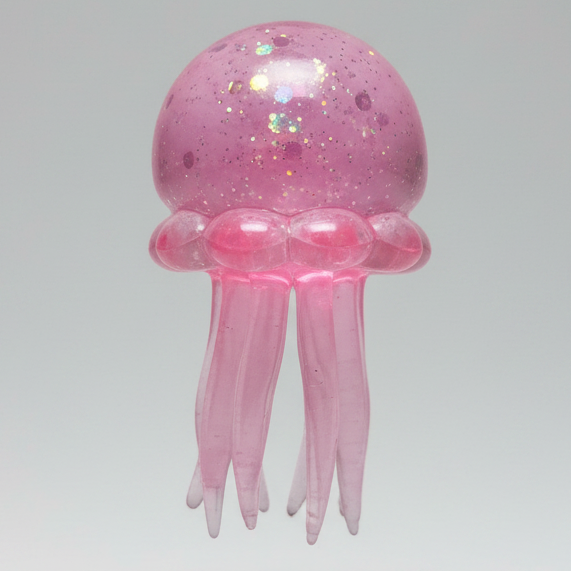 Pink jellyfish slow-rising squish toy with tentacles from Ralphie's Funhouse, soft and squeezable for stress relief.