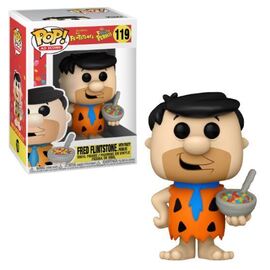 Fred Flintstone Funko Pop! figure from Ralphie's Funhouse holding a bowl of Fruity Pebbles cereal.