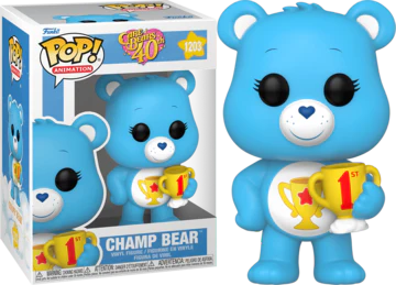 Pop! Animation Care Bears Champ Bear figure by Ralphie's Funhouse, colorful plush toy with cheerful expression.