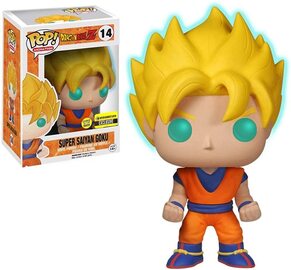Glow-in-the-dark Pop! Animation Dragon Ball Z Super Saiyan Goku figure from Ralphie's Funhouse, featuring vibrant character details.