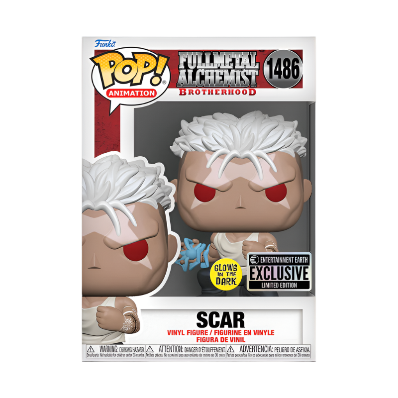 Fullmetal Alchemist Pop! Animation Scar figure by Ralphie's Funhouse, glow-in-the-dark, exclusive collectible toy on display